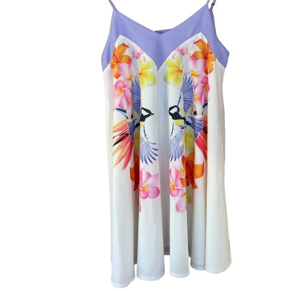 Indikah Multicolor Floral Bird Print V-Neck Cut Out Swing Dress Size Small - Picture 1 of 8